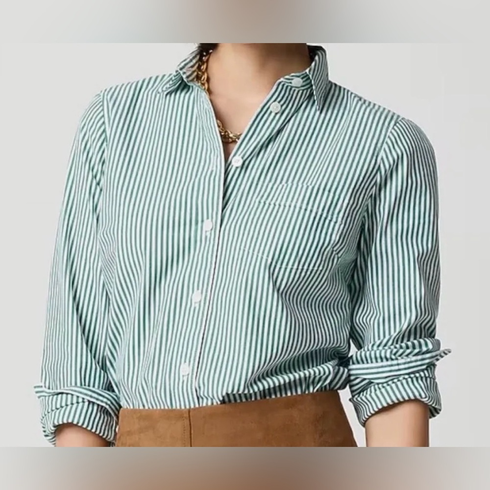 J. Crew Factory Green and White Striped Button-Down Shirt